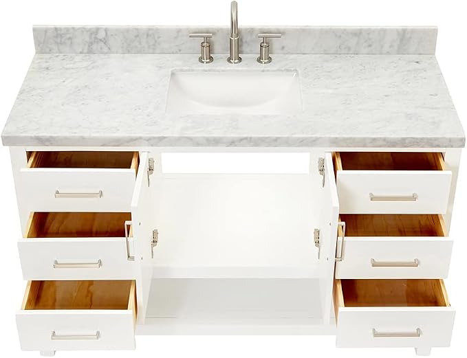 DKB Olivia 54-Inch White Bathroom Vanity with Sink, 1.5-Inch Edge Italian Carrara Marble Countertop & Backsplash, Rectangular Undermount Sink, 2 Soft Closing Doors, 6 Dovetail Drawers, Brushed Nickel