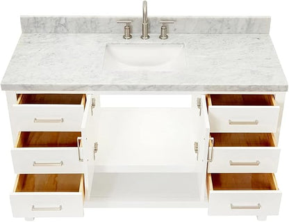 DKB Olivia 54-Inch White Bathroom Vanity with Sink, 1.5-Inch Edge Italian Carrara Marble Countertop & Backsplash, Rectangular Undermount Sink, 2 Soft Closing Doors, 6 Dovetail Drawers, Brushed Nickel