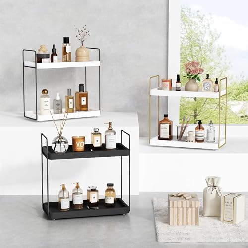Forbena Black Bathroom Counter Organizer, Tiered Bathroom Organizer Countertop Tray, Corner Makeup Vanity Shelf Organizers and Storage for Men Perfume Skin Care Kitchen Sink Coffee Bar Station