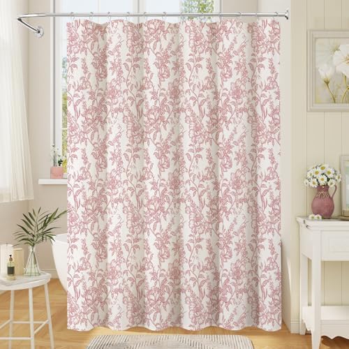 Pink Boho Linen Fabric Shower Curtain , Farmhouse Floral For Bathroom