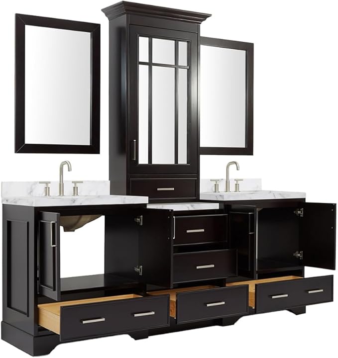 ARIEL Stafford 84-inch Bathroom Vanity with Sink,Solid Wood, 1.5-inch Italian Carrara Marble Countertop & Backsplash, Double Oval Porcelain Sink, 5 Soft Closing Doors, 6 Dovetail Drawers, Espresso