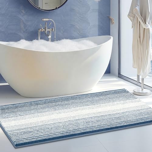 BSICPRO Large Bathroom Rugs Runner, 22x60 Striped Bath Mats, Fog Blue