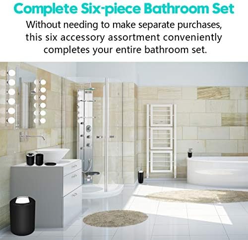 Compact 6-Piece Black Plastic Bathroom Accessories Set with Small Trash Can, Soap Dispenser, Toothbrush Holder, Cup, Soap Dish, Toilet Brush for Guest Bathroom Dorm Apartment