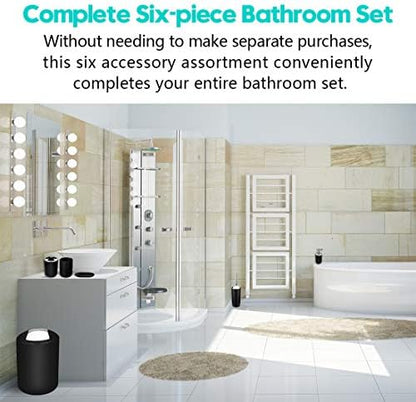 Compact 6-Piece Black Plastic Bathroom Accessories Set with Small Trash Can, Soap Dispenser, Toothbrush Holder, Cup, Soap Dish, Toilet Brush for Guest Bathroom Dorm Apartment