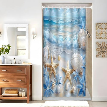 Beach Seashell Shower Curtain, Ocean Waves Starfish Design, Blue Floral Pattern, Summer Coastal Bathroom Decor