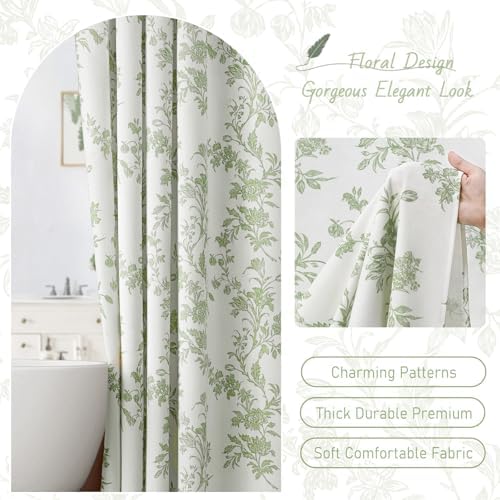 Sage Green Floral Shower Curtain,Vintage Cotton Cottagecore Shower Curtains for Bathroom, 60" W x 72" L