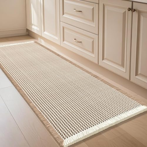 IM HOME Waffle Bath Mat Brown & Cream 4'x2', Boho Woven Modern Bath Mat Rugs, Absorbent Non Slip Bathroom Rugs, Soft Washable Bath Rugs with Tassels for Bathroom, Bedroom, Kitchen, Shower, Tub