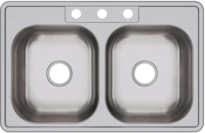 Dayton Stainless Steel 33" x 21-1/4" x 6-9/16", 2-Hole Equal Double Bowl Drop-in Sink
