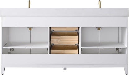 Vanity Art 72" Bathroom Vanity with Double Sink & Arabescato White Engineered Stone Top, Vanity Cabinet with Soft Closing Door, Solid Wood Frame, Golden Brushed Handles, White VA8172D-W-GB