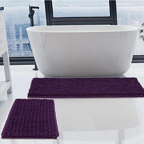 Luxury Chenille Plum Bathroom Rugs Sets 2 Piece, Thickened Hot Melt Rubber Bottom Bath Mats for Bathroom Non Slip,Bath Rugs Quick Dry Machine Washable for Shower Mat (47"x17"+17"x24")
