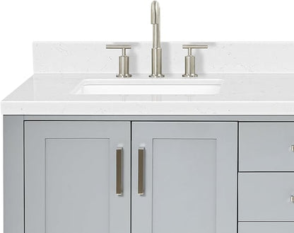 ARIEL Magnolia 72-inch Bathroom Vanity with Sink,Solid Wood, 1.5-inch Carrara White Quartz Countertop & Backsplash, Double Rectangular Porcelain Sink, 4 Soft Closing Doors, 3 Dovetail Drawers, Grey