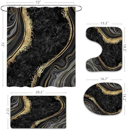 Gibelle 4 Pcs Luxury Marble Shower Curtain Set with Non-Slip Rugs, Toilet Lid Cover and Bath Mat, Black Gold Bathroom Decor Set with Shower Curtain and Rugs and Accessories