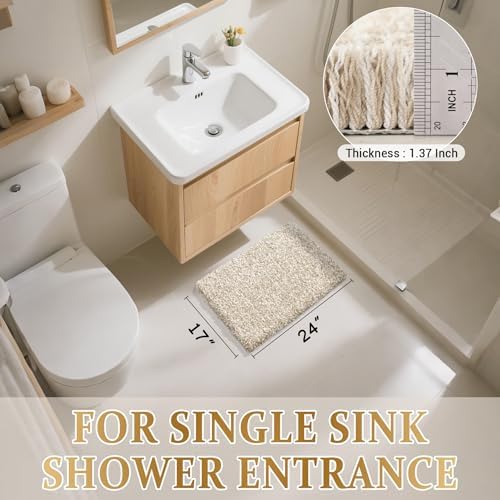 Yimobra Bathroom Rugs Non Slip Washable, Ultra Soft and Water Absorbent Bath Mats, Plush Fluffy Shower Mat Outside, Microfiber Thick Matts for Bathroom Floor/Sink, 24X17, Light Beige and White