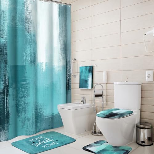 Honoson 8 Pcs Teal Bathroom Shower Curtain Set with Non-Slip Rugs, Towels and Bath Mat, Modern Abstract Turquoise Bathroom Decor Set for Farmhouse Country Summer Housewarming Gifts Decor