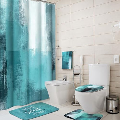 Honoson 8 Pcs Teal Bathroom Shower Curtain Set with Non-Slip Rugs, Towels and Bath Mat, Modern Abstract Turquoise Bathroom Decor Set for Farmhouse Country Summer Housewarming Gifts Decor