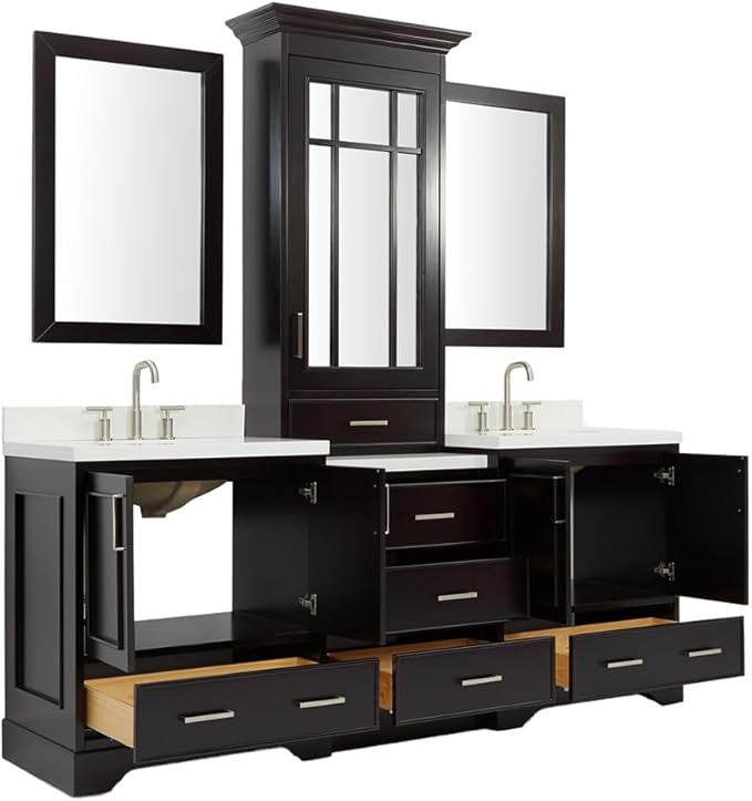 ARIEL Stafford 84-inch Bathroom Vanity with Sink,Solid Wood, 1.5-inch Pure White Quartz Countertop & Backsplash, Double Oval Porcelain Sink, 5 Soft Closing Doors, 6 Dovetail Drawers, Espresso