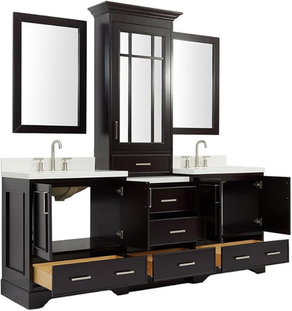 ARIEL Stafford 84-inch Bathroom Vanity with Sink,Solid Wood, 1.5-inch Pure White Quartz Countertop & Backsplash, Double Oval Porcelain Sink, 5 Soft Closing Doors, 6 Dovetail Drawers, Espresso