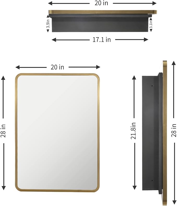 Movo Mirror Medicine Cabinet 20 Inch x 28 Inch Gold Metal Framed Bathroom Medicine Cabinet with Mirror Rectangle Recess or Surface Mount Installation