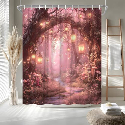 Fantasy Forest Path Shower Curtain Pink Fairy Magical Enchanted Misty Jungle Mushroom Floral Tree Butterfly Lantern Wonderland Bath Curtain Fabric Bathroom Accessories Decor with Hooks 84W x70L