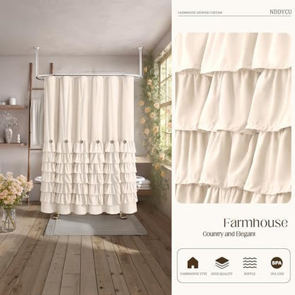 Ruffle Farmhouse Shower Curtain, Cream Vintage Shower Curtains for Bathroom Fabric Cute Rustic Cloth, 72" W X 78" L Inch