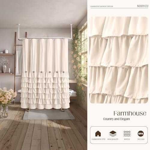 Ruffle Farmhouse Shower Curtain, Cream Vintage Shower Curtains for Bathroom Fabric Cute Rustic Cloth, 72" W X 72" L Inch