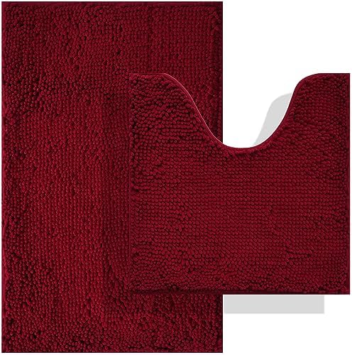 BOANKODU Bath Mat Set, 2 Piece - Soft Chenille, Non-Slip, 32x20 Inch + 20x20 Inch U Shape, Machine Washable (Burgundy)