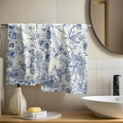 Chinoiserie Flowers Hand Towels Set of 2, Navy Blue Birds Floral Porcelain Decorative Bathroom Towel 28x14 Inch, Soft Absorbent Microfiber Wash Cloth for Kitchen Gym Hotel Home Decor