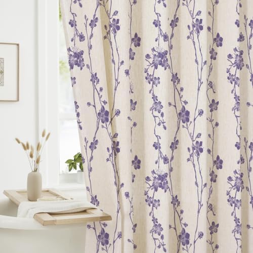 Gibelle Purple Farmhouse Linen Shower Curtain, Boho Floral Fabric, 72 x 84