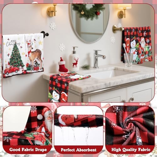 FuWeave 8 Pcs Christmas Shower Curtain Set Xmas Santa Bathroom Decoration Christmas Tree Hand Towels Snowman Toilet Lid Cover Bathroom Rugs Xmas Shower Curtain with Hooks(Buffalo Plaid)
