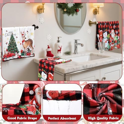 FuWeave 8 Pcs Christmas Shower Curtain Set Xmas Santa Bathroom Decoration Christmas Tree Hand Towels Snowman Toilet Lid Cover Bathroom Rugs Xmas Shower Curtain with Hooks(Buffalo Plaid)