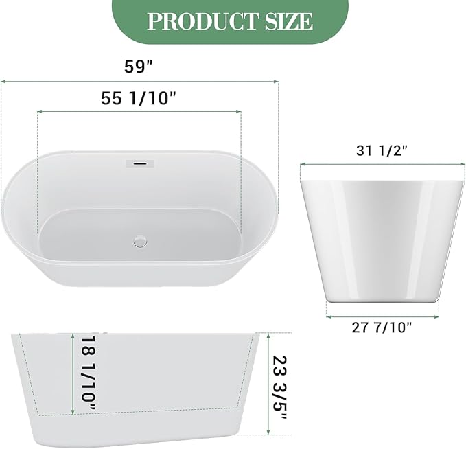59 Inch Acrylic Freestanding Bathtub, Deep Soaking Tub with Non-Slip Base, CUPC Certified Free Standing Tub, Chrome Drain Bath Tub, Modern Tub for Bathrooms, White