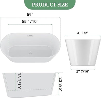 59 Inch Acrylic Freestanding Bathtub, Deep Soaking Tub with Non-Slip Base, CUPC Certified Free Standing Tub, Chrome Drain Bath Tub, Modern Tub for Bathrooms, White