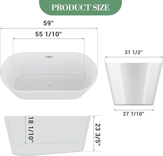 59 Inch Acrylic Freestanding Bathtub, Deep Soaking Tub with Non-Slip Base, CUPC Certified Free Standing Tub, Chrome Drain Bath Tub, Modern Tub for Bathrooms, White