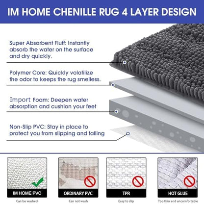 ACCUMTEK Striped Grey Bathroom Rug Mat 32"x20" Ultra Soft, Non Slip Chenille Bath Rugs, Absorbent Plush Shaggy Bath Mats for Bathroom, Bedroom, Kitchen, Shower, Tub,Deep Grey