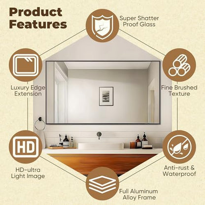Antok 55x30 Black Metal Framed Bathroom Mirror, Wall Mirror with Rect Corners, Vanity Mirror for Over Sink, Anti-Rust Tempered Glass, Horizontal/Vertical Hanging for Bathroom, Living Room, Entryway