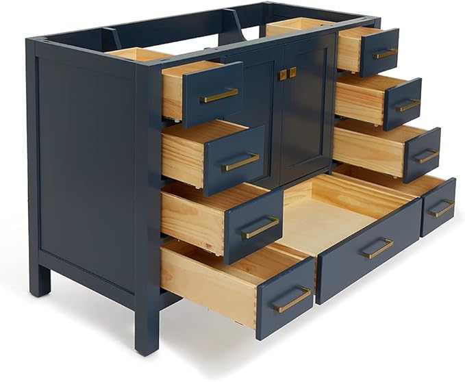 ARIEL Cambridge 48-inch Bathroom Vanity Base Cabinet,Solid Wood, 2 Soft Closing Doors, 9 Dovetail Drawers, Midnight Blue