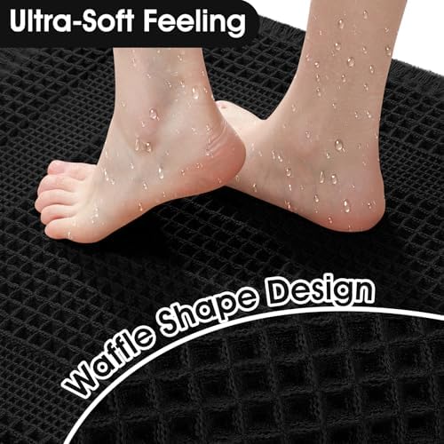 Upgraded Waffle Bath Mat Set 3 Piece Black-Looped, Super Absorbent Non-Slip Quick Dry Bathroom Rugs with Tassels, Machine Washable Ultra Soft Boho Bath Rugs for Floor, Toilet Mats Boho Farmhouse Decor