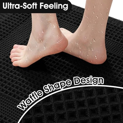 Upgraded Waffle Bath Mat Set 3 Piece Black-Looped, Super Absorbent Non-Slip Quick Dry Bathroom Rugs with Tassels, Machine Washable Ultra Soft Boho Bath Rugs for Floor, Toilet Mats Boho Farmhouse Decor