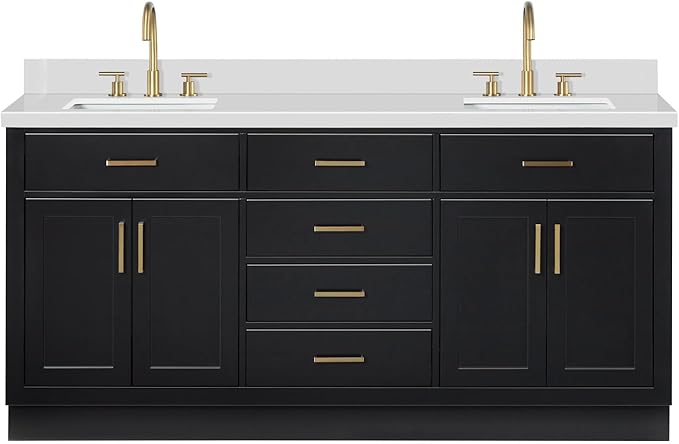 ARIEL Hepburn 72-inch Bathroom Vanity with Sink,Solid Wood, 1.5-inch Pure White Quartz Countertop & Backsplash, Double Rectangular Porcelain Sink, 4 Soft Closing Doors, 6 Dovetail Drawers, Black