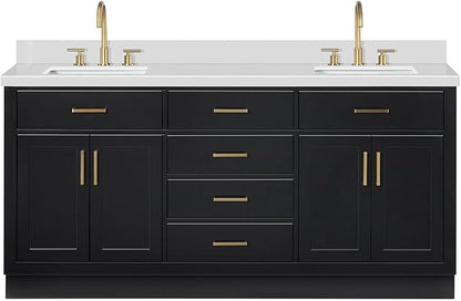 ARIEL Hepburn 72-inch Bathroom Vanity with Sink,Solid Wood, 1.5-inch Pure White Quartz Countertop & Backsplash, Double Rectangular Porcelain Sink, 4 Soft Closing Doors, 6 Dovetail Drawers, Black