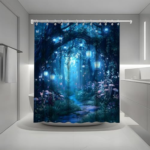 Fantasy Forest Path Shower Curtain Blue Fairy Magical Enchanted Misty Jungle Mushroom Floral Tree Butterfly Lantern Wonderland Bath Curtain Fabric Bathroom Accessories Decor with Hooks 70W x90L