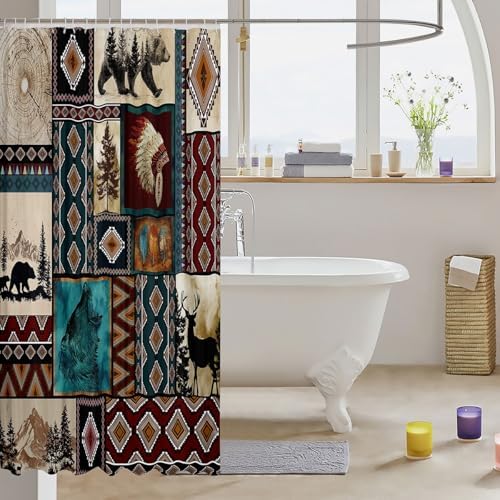 Rustic Cabin Shower Curtain Western Boho Bath Curtain Country Retro Aztec Southwest Native Bathroom Accessories Farmhouse Wildlife Camping Waterproof Polyester Fabric for Stalls Bathtubs 72"x72"