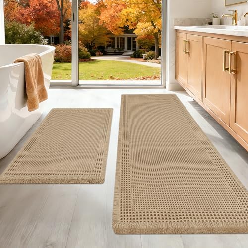 Upgraded Waffle Bath Mat Set 2 Piece Beige-Bordered, Super Absorbent Non-Slip Quick Dry Bathroom Rugs with Tassels, Machine Washable Ultra Soft Boho Bath Rugs for Floor, Bath Mats Boho Farmhouse Decor