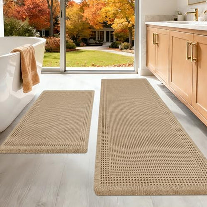 Upgraded Waffle Bath Mat Set 2 Piece Beige-Bordered, Super Absorbent Non-Slip Quick Dry Bathroom Rugs with Tassels, Machine Washable Ultra Soft Boho Bath Rugs for Floor, Bath Mats Boho Farmhouse Decor
