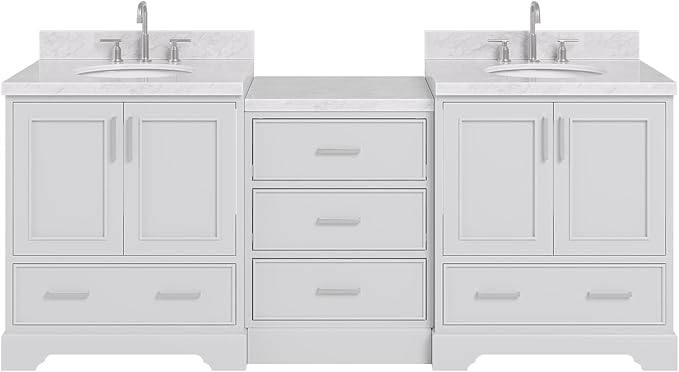 ARIEL Stafford 84-inch Bathroom Vanity with Sink,Solid Wood, 1.5in Italian Carrara Marble Countertop & Backsplash, Double Oval Porcelain Sink, 4 Soft Closing Doors, 5 Dovetail Drawers, Grey