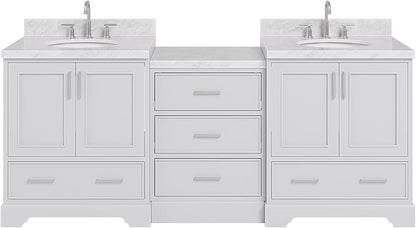 ARIEL Stafford 84-inch Bathroom Vanity with Sink,Solid Wood, 1.5in Italian Carrara Marble Countertop & Backsplash, Double Oval Porcelain Sink, 4 Soft Closing Doors, 5 Dovetail Drawers, Grey