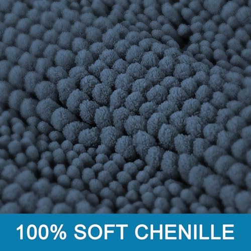 H.VERSAILTEX Bathroom Rug Sets 2 Piece Bath Mats Non Slip Thick Soft Chenille Striped Bath Rug achine Washable Shower Floor Rugs for Tub, Shower and Floor (Blue Indigo, 47"x17" Plus 20"x20" U)