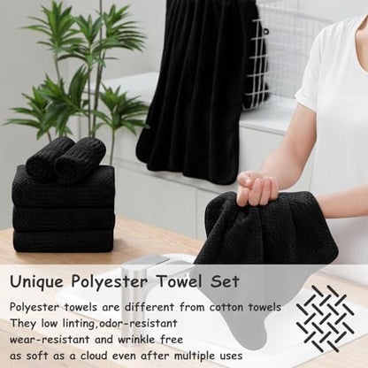 18 Pcs Black Woven Family Towels Set-6 Bath Sheets,6 Hand Towels,6 Washcloths Soft Polyester Towels Absorbent Shower Towel Quick Dry Beach Chair Towel Lint Less Towels Set for Bathroom Spa Gym Hotel
