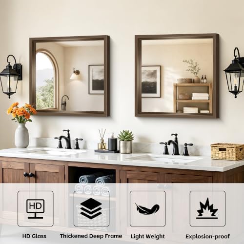Bathroom Mirror, 24 x 24 inch Walnut Wood Grain Colored Aluminum Metal Frame Bathroom Vanity Mirror, Square Wall Mirror for Bedroom Living Room, Tempered Glass, Anti-Rust