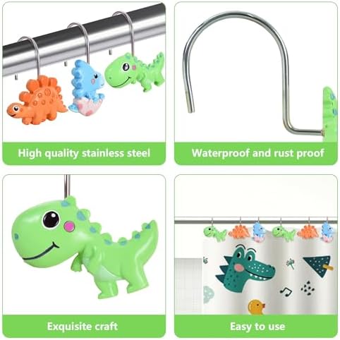 12-Piece Dinosaur Shower Curtain Hooks for Bathroom